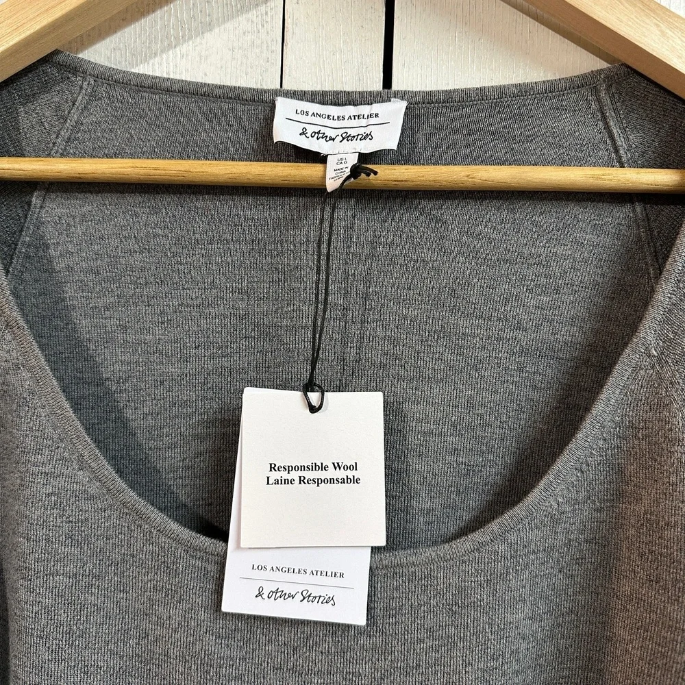 NWT & Other Stories Grey Wool Cotton Sweater Scoopneck Cozy‎ Chic Womens Large - Picture 6 of 6